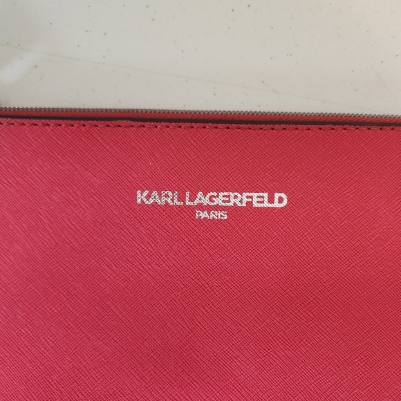 Karl Lagerfeld Red Pebbled Leather Envelope Clutch Bag Purse Wallet Wristlet - Picture 2 of 7